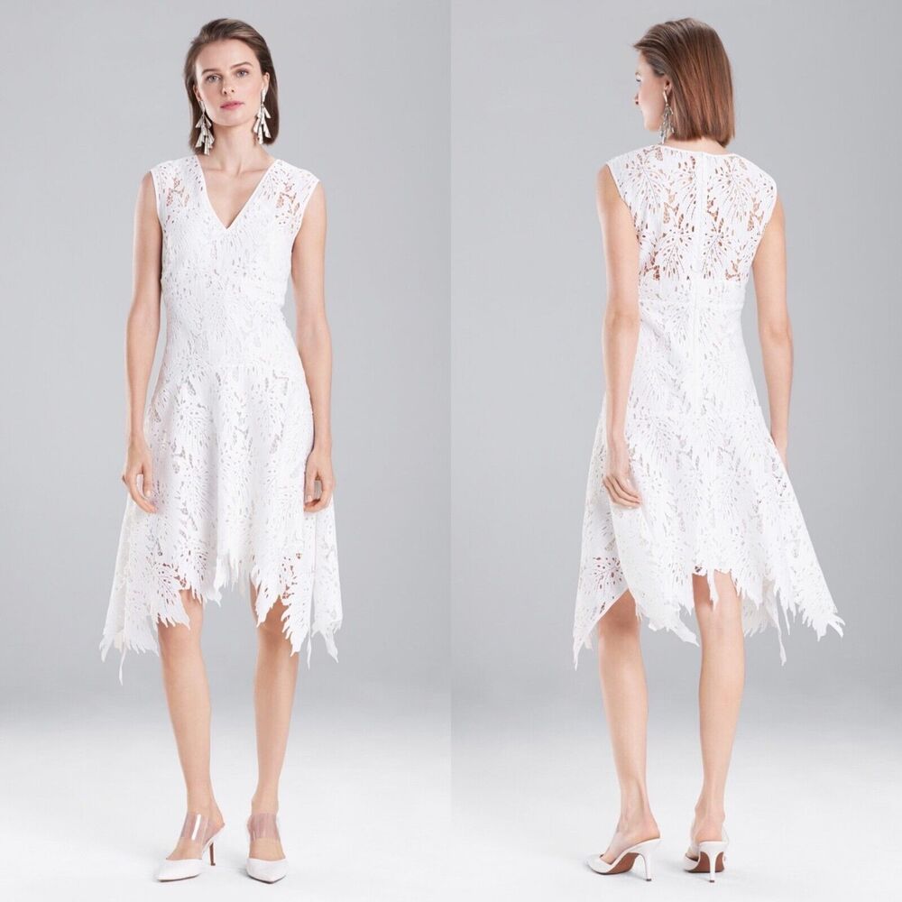 Josie Natori Women 10 Palm Lace Dress White Spring 2019 Flare Midi Asymmetrical
